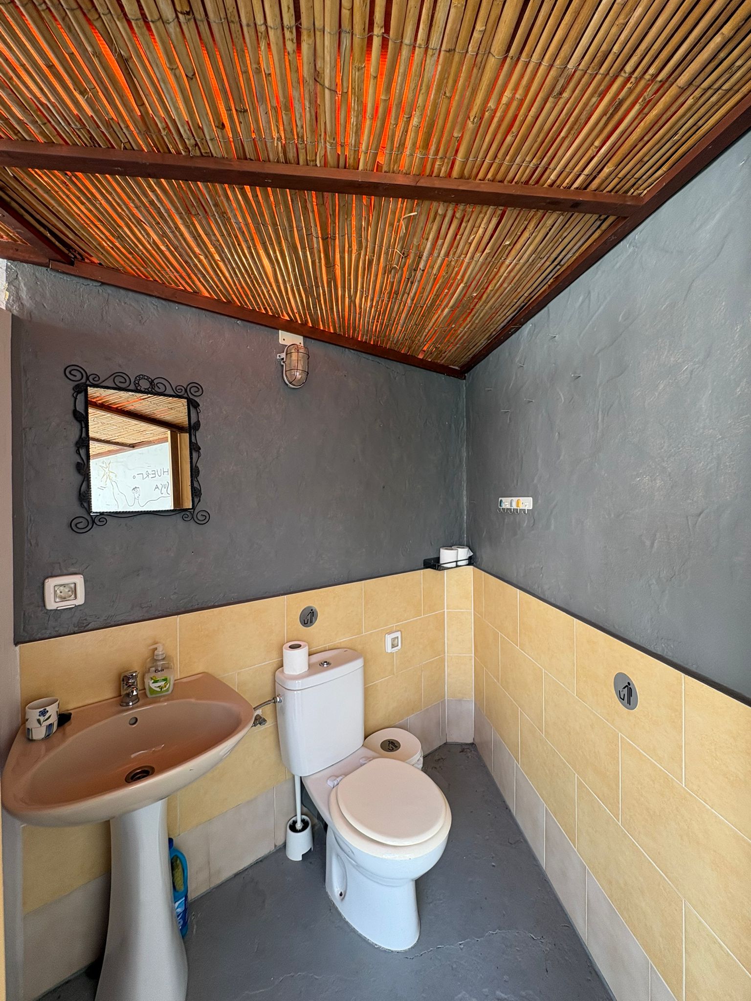 Baño exterior rústico con techo de cañizo